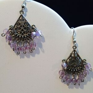 Chandelier Fan Boho Silver Tone Filigree Light Amethyst Gemstones Hook Earrings